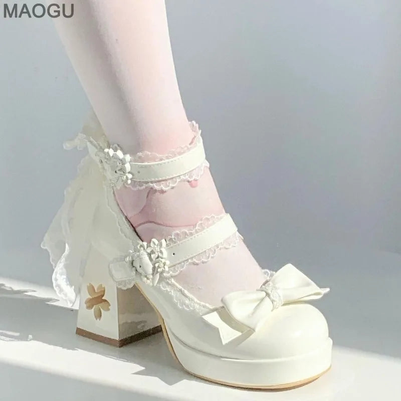 Lovely Girls Pink Lolita Butterfly Knot High Heels Platform Shoes for Women Cute Sakura Dress Mary Janes Beige Size 34-42