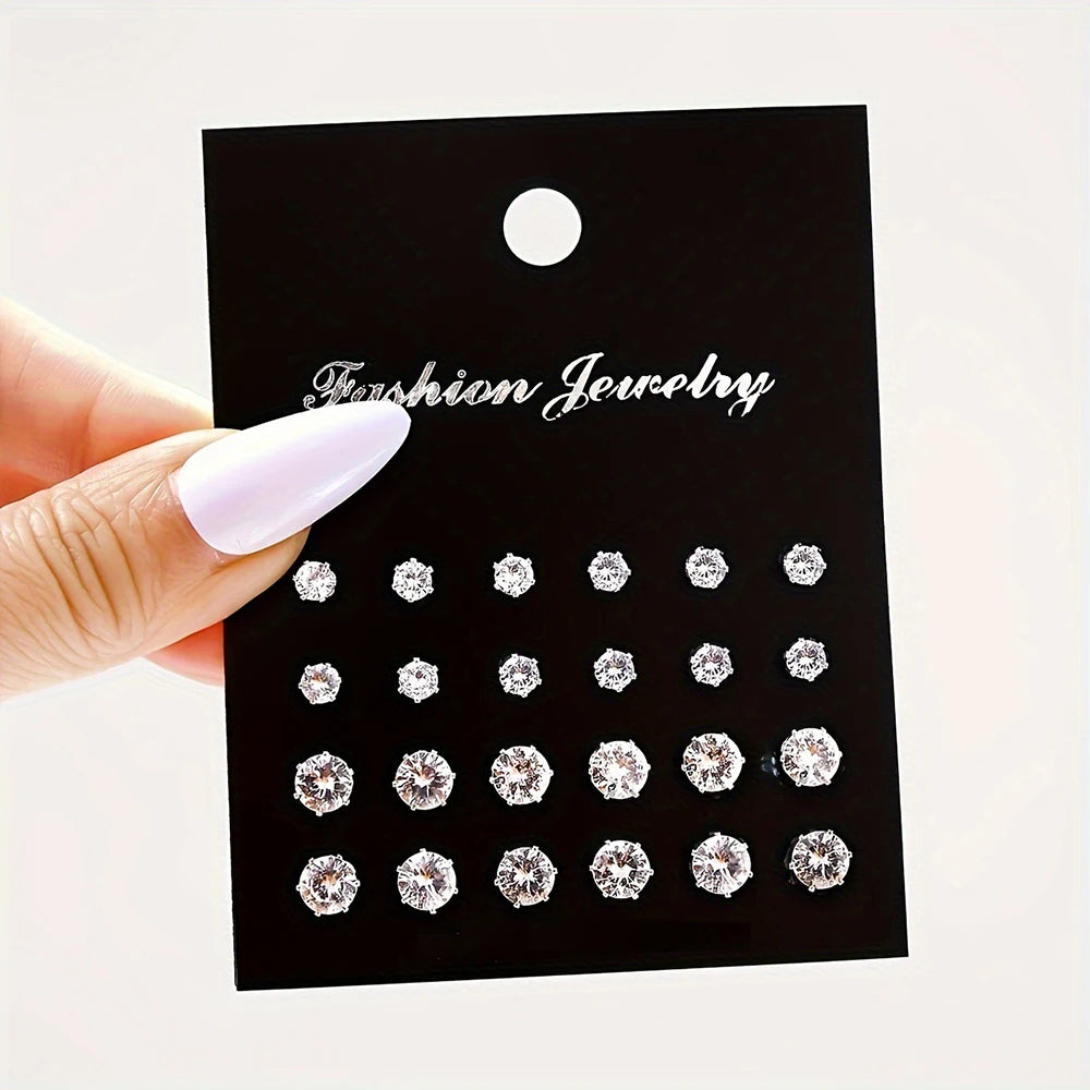 12/24/36 Pairs Shiny Zircon Stud Earrings Set for Women Men Daily Versatile Chic Silver Color Crystal Ear Jewelry Accessories