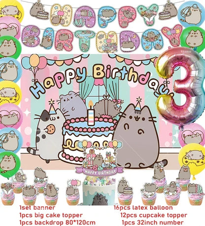 The Pusheen Cat Balloons Birthday Decoration Party Supplies Cartoon Grey Pet Fat Cat Theme Banner Backdrop Cake Topper Sticker