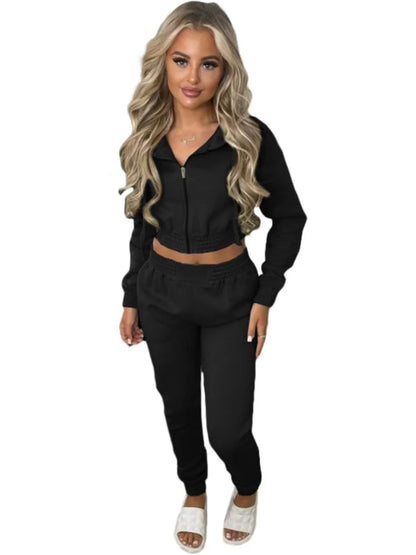 Fleece Hooded Sweatshirt Short Hooded Women's Suit Autumn Winter New Casual Zipper Hoodie Sports Jogging Pants Female 2piece Set