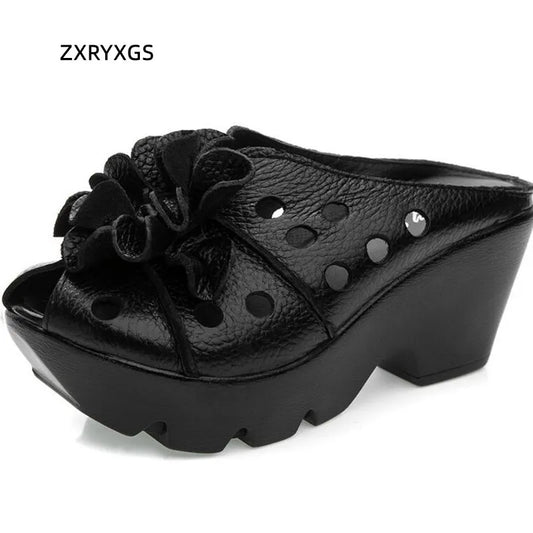 2026 New Summer Thick Bottom Slope with High Heel Slippers Genuine Leather Sandals Flowers Hollow Women Shoes Fashion Sandals