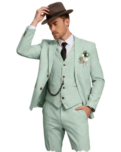 Men's 3 Piece Linen Suit, Slim Fit Notch Lapel Single Breasted Blazer Vest Pants Set Breathable Casual Business Wedding Suit