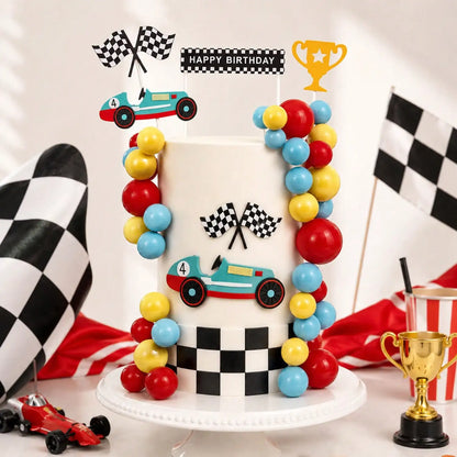 1set Racing Car Cake Topper Checkered Flag Trophy Happy Birthday Cake Decor For Boys Race Car Theme Birthday Party Supplies