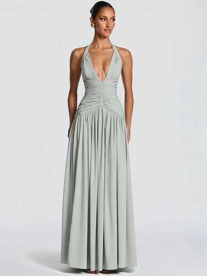 Mozision Halter Deep V Neck Sexy Maxi Dress Women Elegant Off-shoulder Sleeveless High Split Pleated Club Party Long Dress
