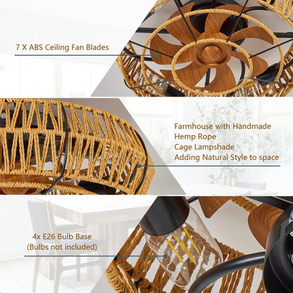 19" Caged Ceiling Fans with Lights and Remote, Boho Flush Mount Ceiling Fan with Light, Low Profile Chandelier 6 Speed Bladeless