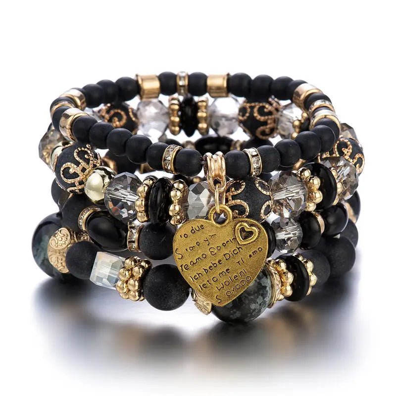 4pcs Boho Crystal Beads Chain Bracelet Set for Women Vintage Heart