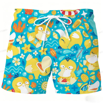 2026 Summer Psyduck Beach Shorts Pokemon Cartoon Quick Dry Board Shorts Cute Duck Print Casual Holiday Pants for Men Women Sport