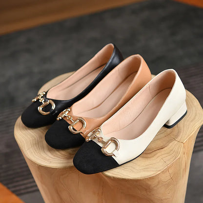 Lady Patchwork Low Heels Pumps Squar Tip OL Slip-Ons With Metal Buckle Plus Size 3-43 Retro Footwear Brown White Black Hand-Made