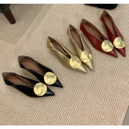 New Designer Pointed Toe Women High Heel Shoes Fashion Gold Metal Shallow Slip on Single Shoes Thin Low Heel Dress Pumps