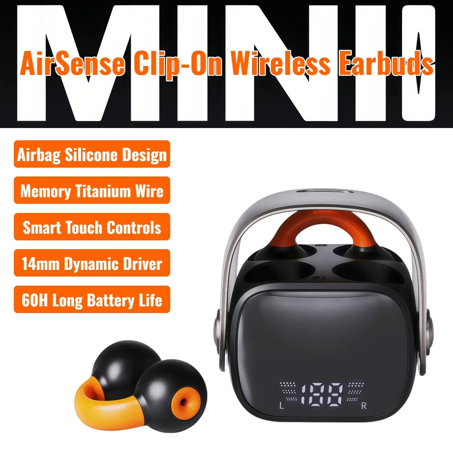 Ear Clip Bluetooth 5.3 Earbuds 60 Hours Playtime Open Ear Wireless Headphones Sports Running Cycling Driving Sweatproof Secure Fit 360° Stereo Sound