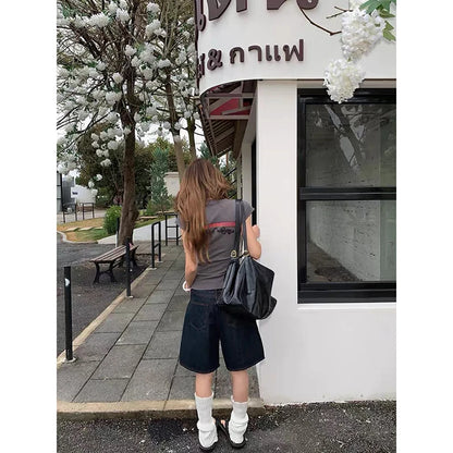 YIBASHU Summer Women American Retro Jorts Punk Jean Shorts Black Y2K 2000s Harajuku Denim Calf-Length Pant Japanese High Street
