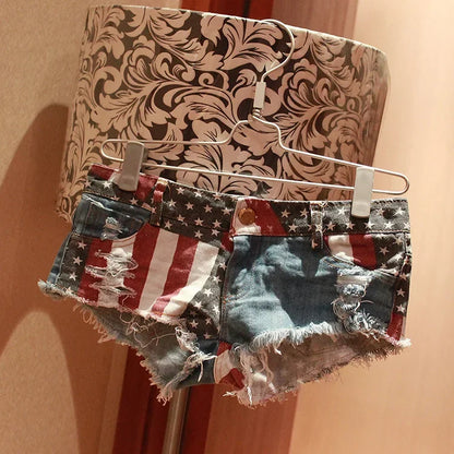 Women's Low-rise American Flag Print Ripped Denim Shorts Jeans Mini Hot  Summer Style
