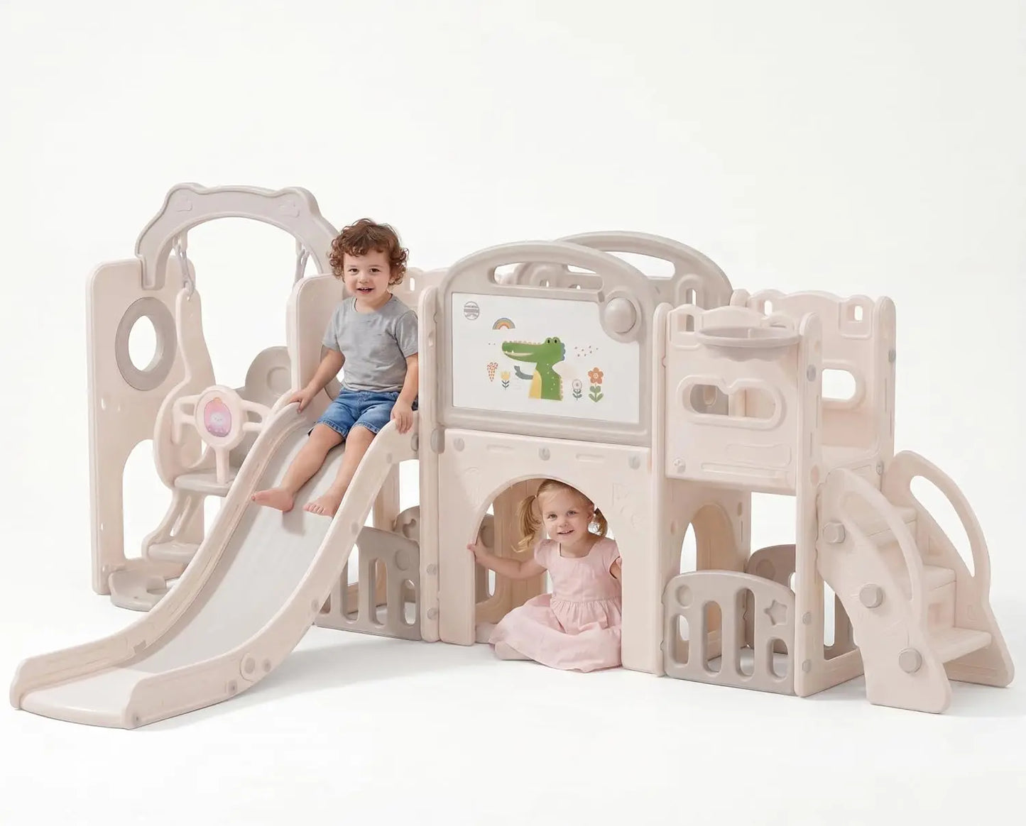 12-in-1 Toddler Playground Gym Playset | Indoor Outdoor Swing Set with Slide, Climber, Basketball Hoop & Drawing Board, in White