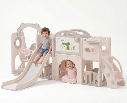 12-in-1 Toddler Playground Gym Playset | Indoor Outdoor Swing Set with Slide, Climber, Basketball Hoop & Drawing Board, in White