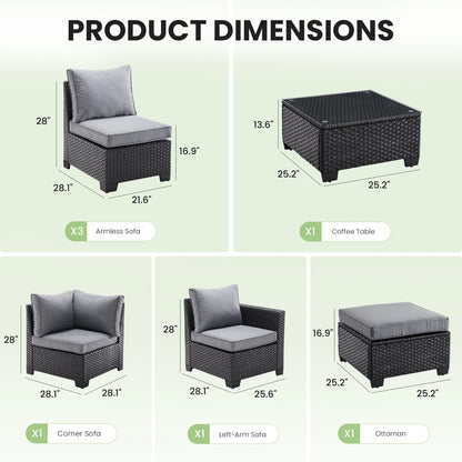Farini Patio Sectional Sofa Set, Outdoor Furniture with Ottoman, Water/Oil/Stain-Resistant Fabric, Dark Gray Cushion + Gray Wick