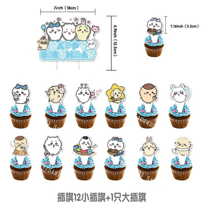 Chiikawa kawaii Happy Birthday Party Decorations Cute plate Banner Cake Topper Flag Balloons Disposable tableware Decorations