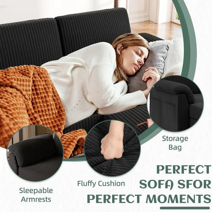 Convertible Sectional Couch 3 Seat L-Shaped Sofa with Pillows Corduroy for Living Room Apartment Office Black