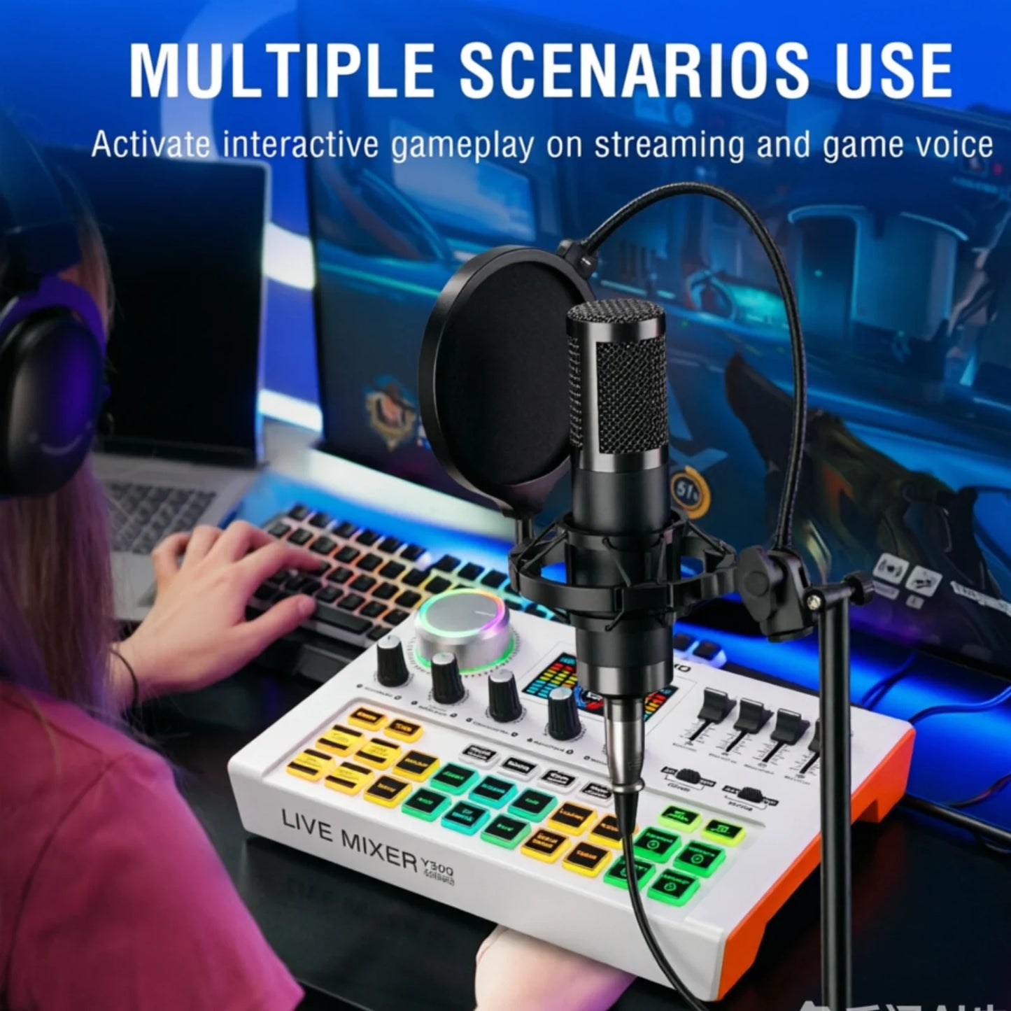 Tenlamp Y300-P15B Podcast Microphone Bundle with Live Sound Card Audio Mixer, 3.5mm Condenser Mic for PC Smartphone Gaming Streaming Singing YouTube Vlog Studio Recording
