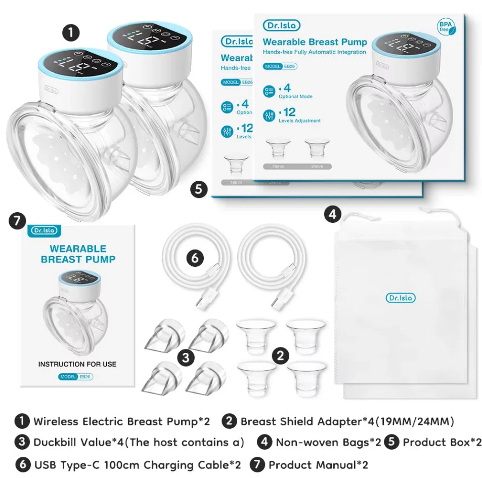 MAMIJOY 2PCS Wearable Electric Breast Pumps 4 Modes＆12 Levels Hands Free Breast Pump 40dB Low Noise Free 19/24mm Flange DEB26D