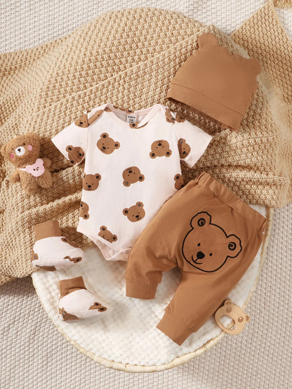 4PCS Clothing Set 0-9 Months Newborn Baby Boy Bear Short Sleeve Romper+Pants+Hat+Sock Infant Baby Full Moon Photography Outfits