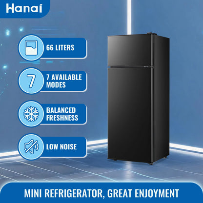 Mini Refrigerator with Top Freezer 66 Liter Dual Door Small Refrigerator with 7-Level Adjustable Thermostat for Office, BLACK