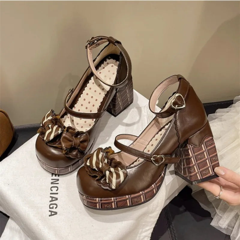 2025 Sweet Girls Lolita High Heels Platform Pumps Bowknots Ankle Strap  Janes Shoes for Women Spring Autumn Heels