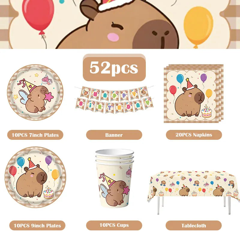 Capybara Decoration Birthday Party Favors Tableware Set Cup Plate Balloons Gift Bags Happy Banner Cake Topper Supplies for Girls
