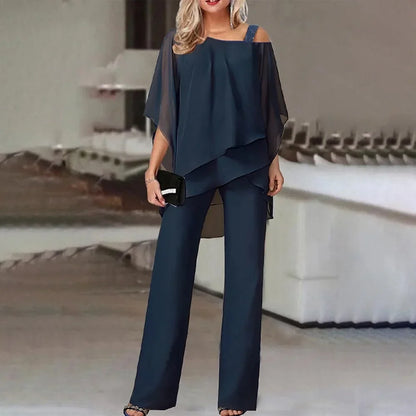 New Matching Collection Fashion Women's Bat Sleeve Top Casual Off Shoulder Party Elegant Wide Leg Pants Women's Two Piece Set