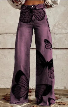 Women's 3D Printed Flare Jeans-Polyester Wide Leg Pants with Distressed Vintage Look, High Waist Comfort Fit for Street Fashion