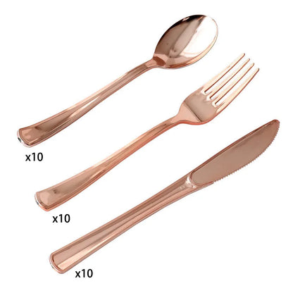 New Multi piece Set - Gold Platter Set, Plastic Tableware, Gold Edge Plate, Knife, Fork, Spoon, Party Wedding Set, Dessert Plate