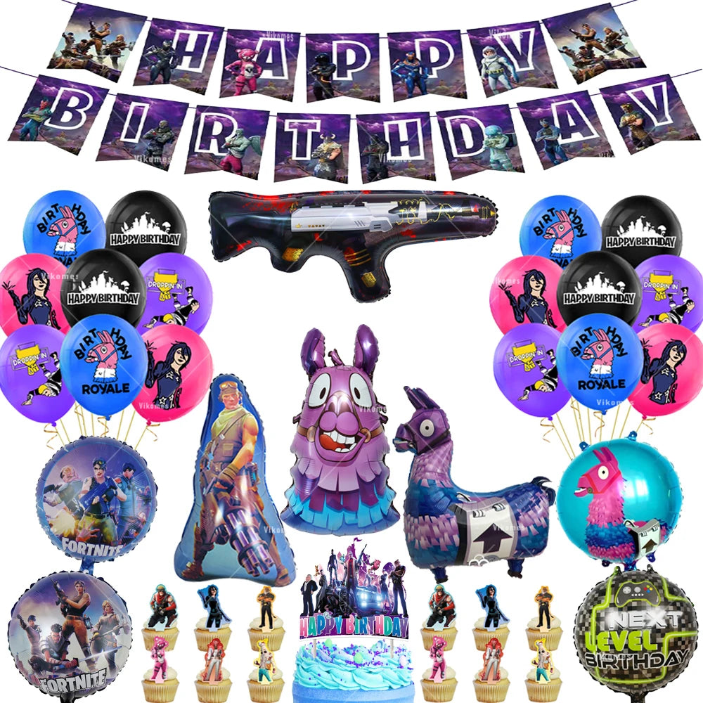 Fortnite Balloons Happy Birthday Banner Shooting Game Party Decoration Alpaca Llama Disposable Tableware Background Cake Topper