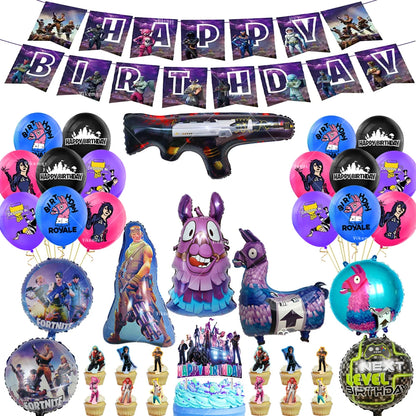 Fortnite Balloons Happy Birthday Banner Shooting Game Party Decoration Alpaca Llama Disposable Tableware Background Cake Topper
