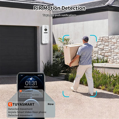 ANJIELO 4‑Wire Tuya Smart Video Door Phone Intercom System PIR Motion Detect Two‑Way Audio Password Unlock Home Villa Security