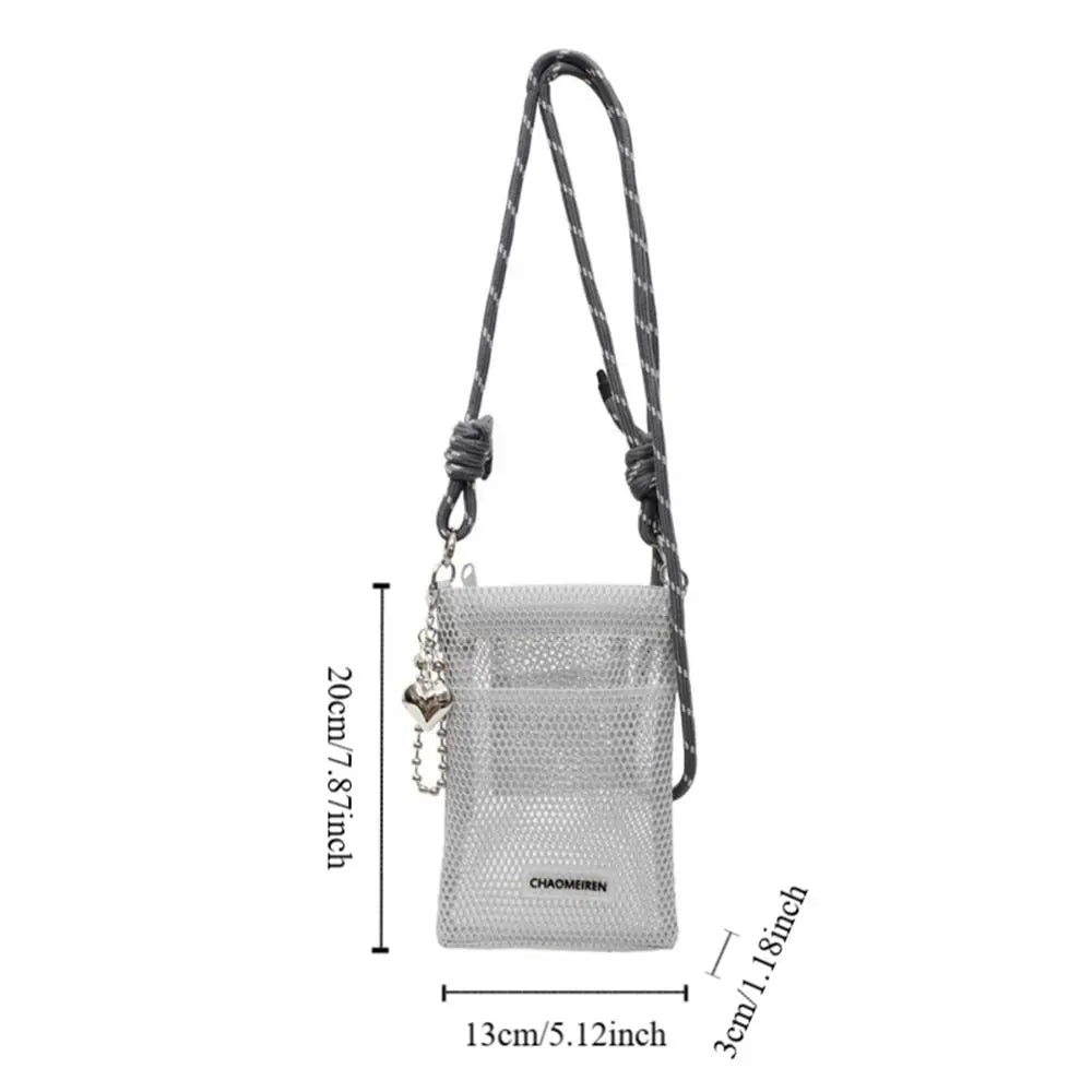 Cute Korean Nylon Mesh Wallet Teenager Hollow Shoulder Purse Bags Crossbody Solid Color Mobile Phone Bag Travel