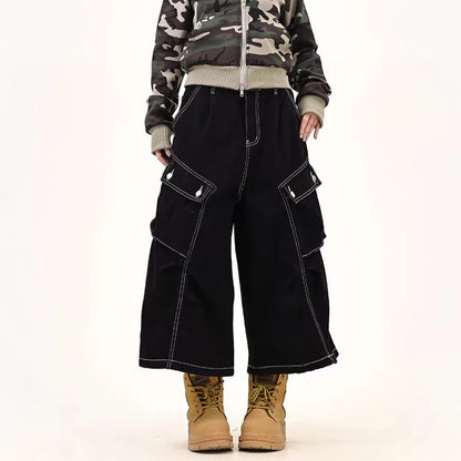 Retro American Washed Multi-Pocket Workwear Denim Shorts Unisex Black Summer Street Loose Seven-Foot Trendy Jeans Cotton