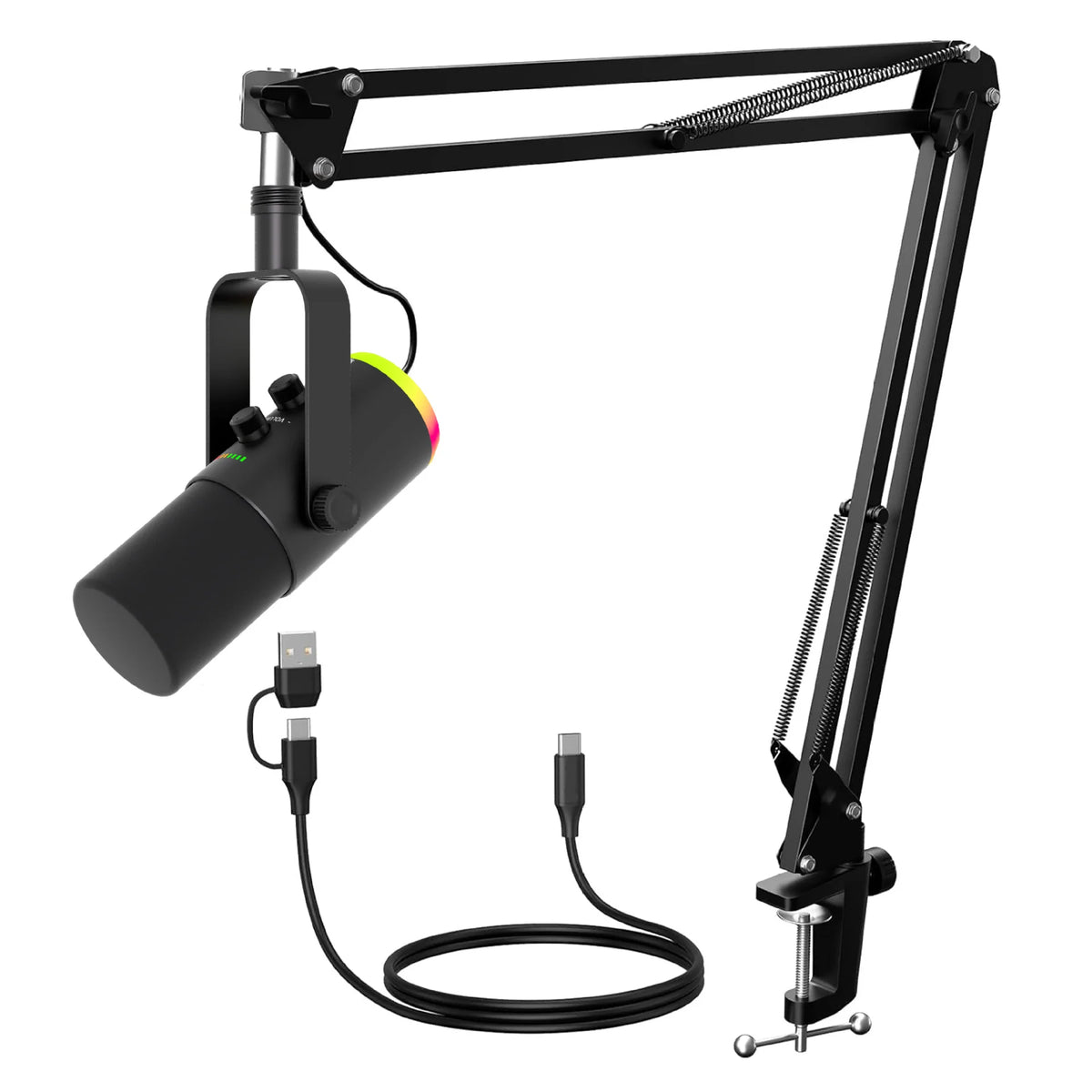 Professional USB Gaming Podcast Condenser MicrophoneKit with Adjustable Metal Boom Arm, 360° Rotatable Design,ENC Noise Reduction, HD Sound Pickup, Easy 1-Touch &Gain Control for PC Laptop Twitch YouTube StreamingRecording,