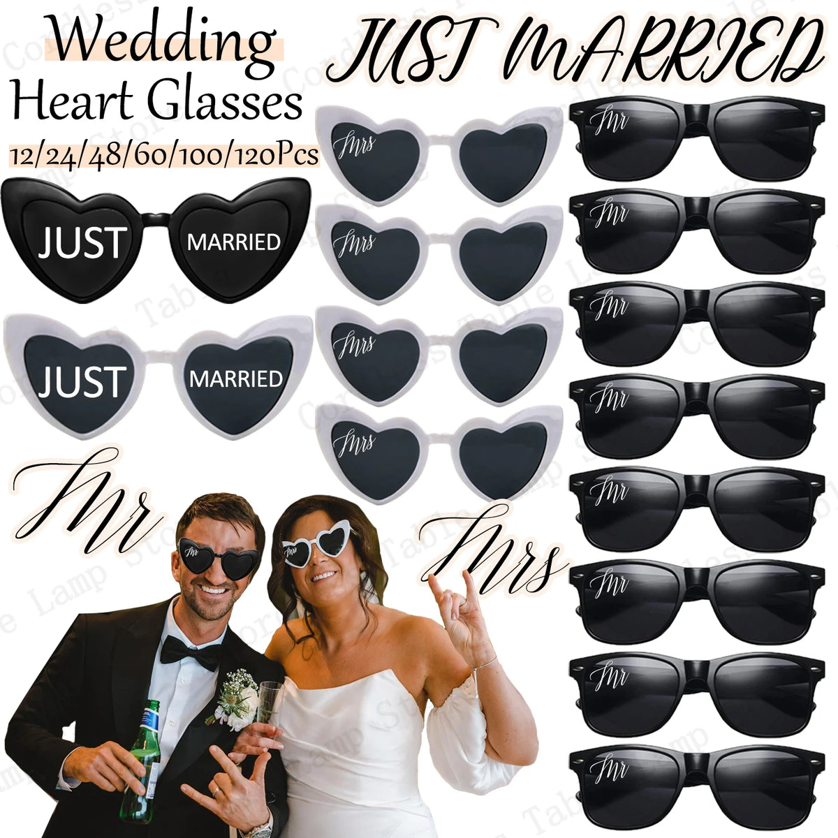 12-120 Pcs Wedding Heart Sunglasses Mr/Ms Bride Glasses Wedding Gift for Guest Bridesmaid Heart Glasses Just Married Party Favor