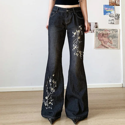Women's Floral Embroidered Jeans Spring and Autumn Retro Low-Rise Flared Pants Loose Knit Basic Style All-match Streetwear 2000s