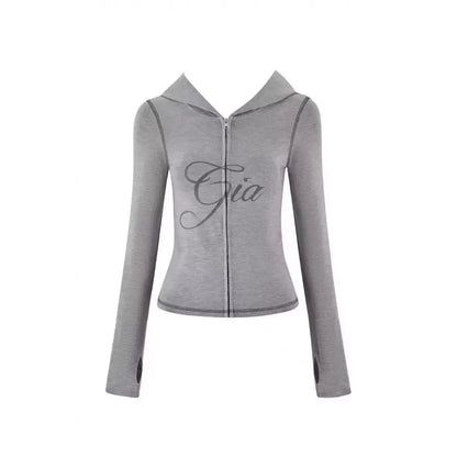 Gia Straight Shoulder Slim Letter Print Slim Hooded Zipper Short Jacket Sports Casual Pants Set