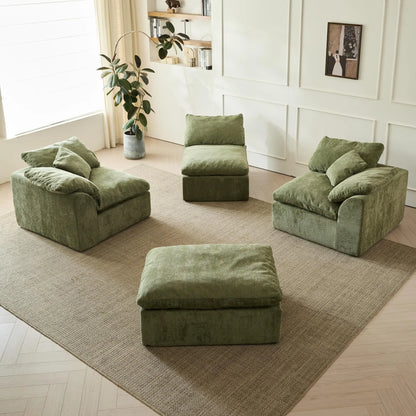Modern Cloud L-Shaped 3-Seater Oversized Deep Seat Chenille Fabric Sofa Green Modular Sectional with Ottoman