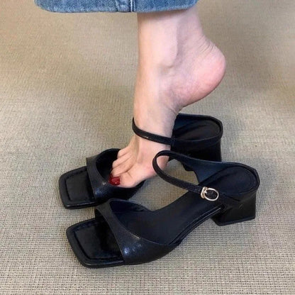 Women's Shoes 2025 New Concise Buckle Strap Square Heel Women's Slippers Fashion Peep Toe Versatile Large Size Modern Slippers