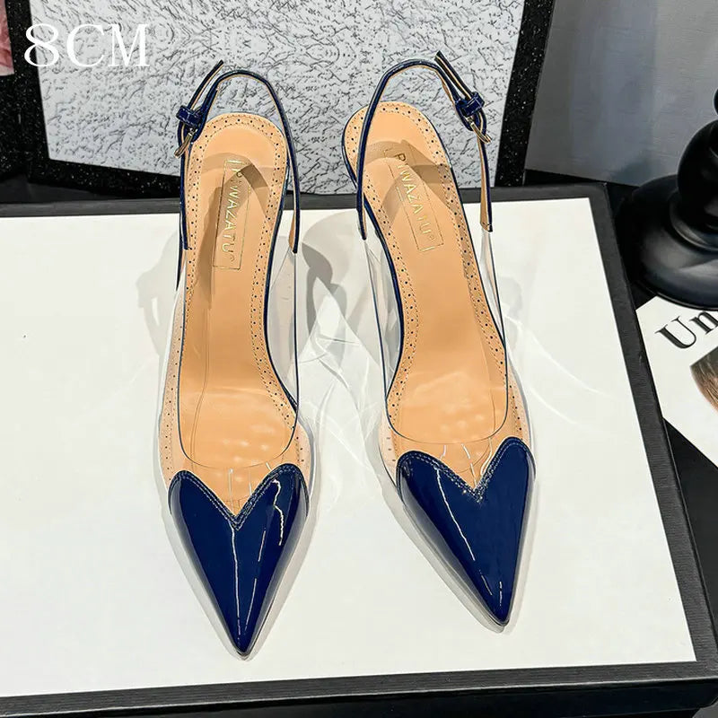 2026 Summer New Fairy-style Heart-shaped Pointed Toe Thin Heel Sandals for Women Transparent Patchwork Headpiece Back High Heels