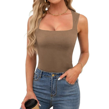 Sexy Slimming T-Shirts for Women Fashion Square Neck Sleeveless Tops Harajuku Tanks Woman Clothes Casual Top Tees Streetwear