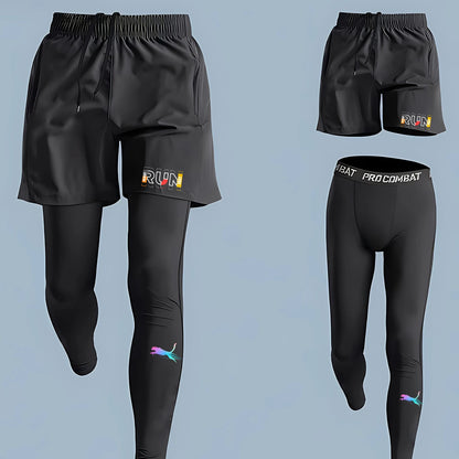 Men's Running Jogging 2 Piece Set Quick Dry Sports Shorts and Compression Tights Athletic Training Wear