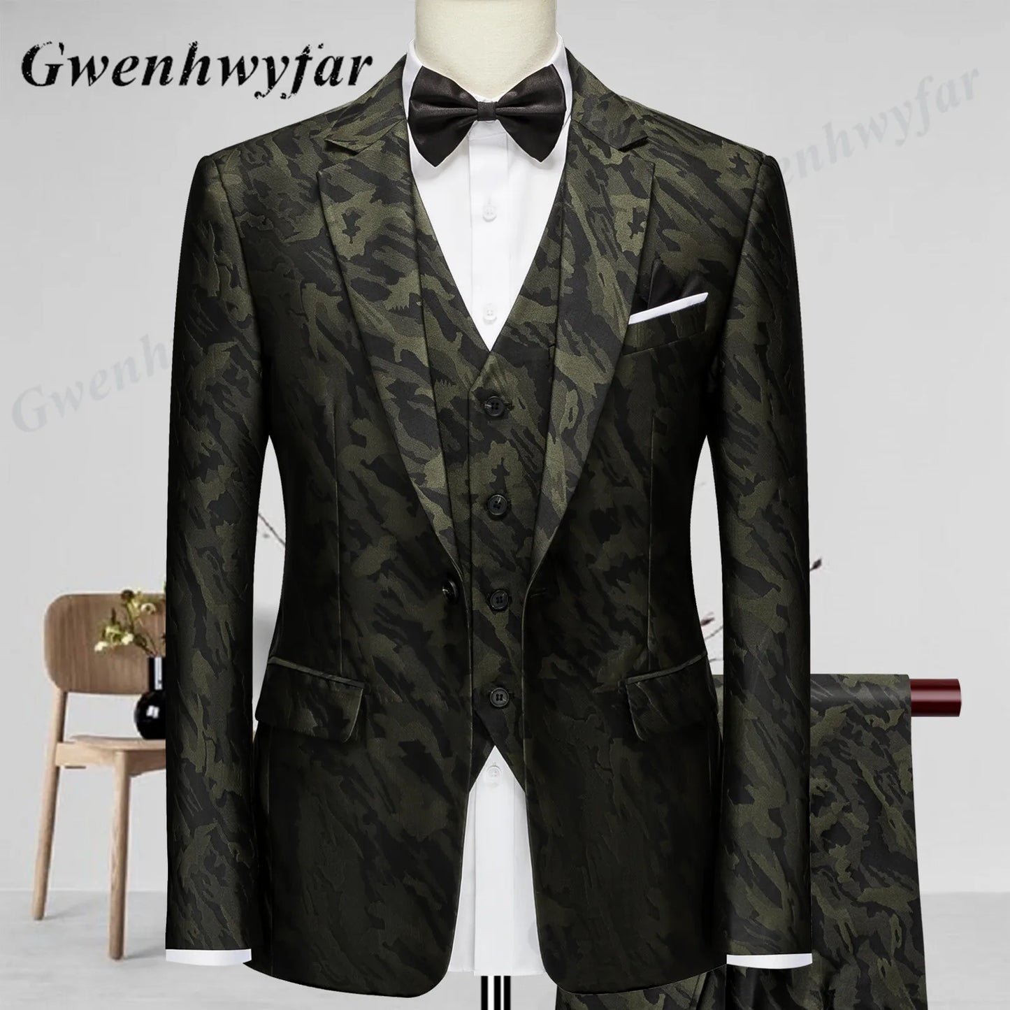 Gwenhwyfar Wheat-gold Patterns Suits of Men 2026 Autumn Party Suits Include Plain Gold Lapel Blazer Patterns Vest Slim Pants