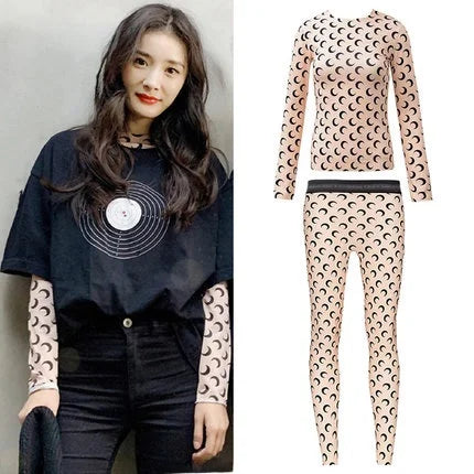 Sweet Two Piece Set Women American Retro Layered Outfit Long Sleeve Moon Print Top Ice Silk Pants Sexy Casual Autumn Fashion