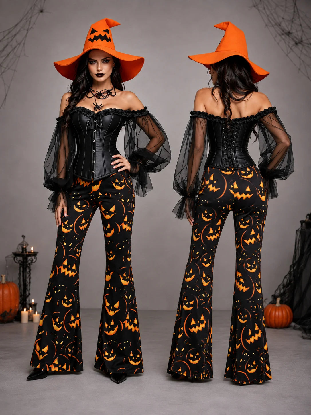 Womens Halloween Witch Cosplay Outfit, Off Shoulder Sheer Mesh Sleeve Corset Top Pumpkin Face Print Flare Pants & Witch Hat for Carnival Costume Party