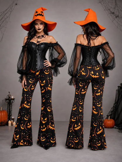 Womens Halloween Witch Cosplay Outfit, Off Shoulder Sheer Mesh Sleeve Corset Top Pumpkin Face Print Flare Pants & Witch Hat for Carnival Costume Party