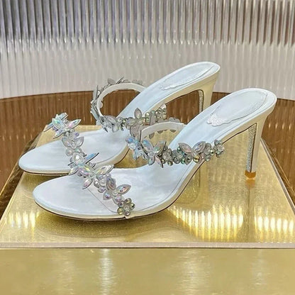 Women Thin High Heels Elastic Strap Gladiator Sandals Bling Rhinestone Flower Decor Sandalias  Summer Bridesmaid Dress Shoes