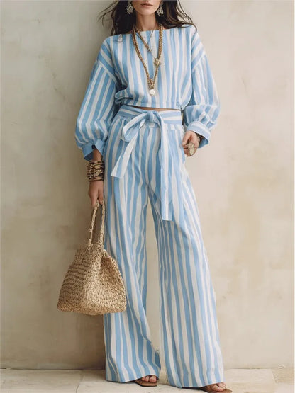 Women New Striped Long-sleeved Shirts Trousers 2piece Set Fashion Casual Ultra-short Top Waisted Lace-up Loose Wide-leg Long Set